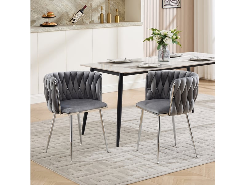  Chaise de salle à manger lot de 2 en velours avec dossier bas tressé et pieds argentés gris 55 × 48 × 75 cm  - Conforama B