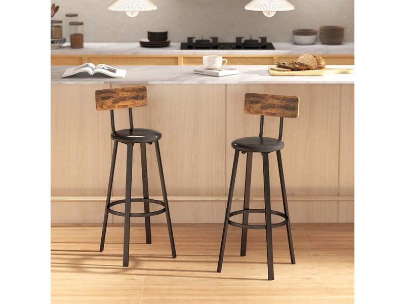  Ensemble de 2 tabourets de bar de style industriel avec dossier, assise et repose-pieds en similicuir, marron rustique  - Conforama D