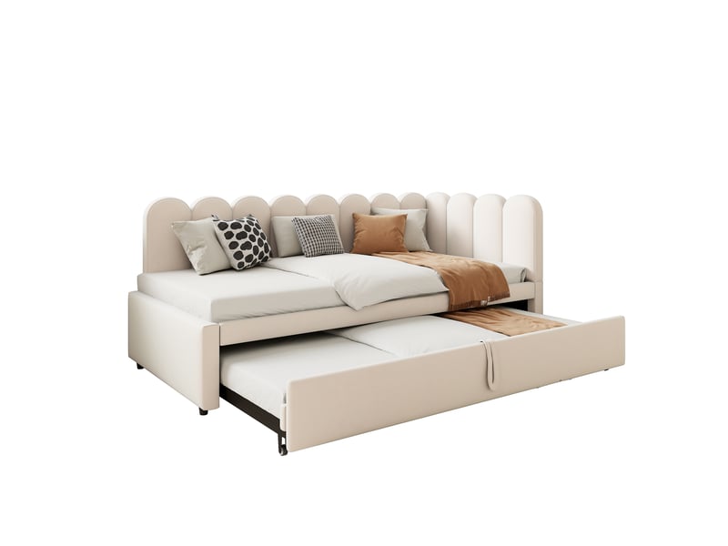  Lit d'appoint 2-en-1 en l 90180 x 200 cm, tissu velours beige, convertible et compact pour chambre d'amis, lit gigogne  - Conforama A