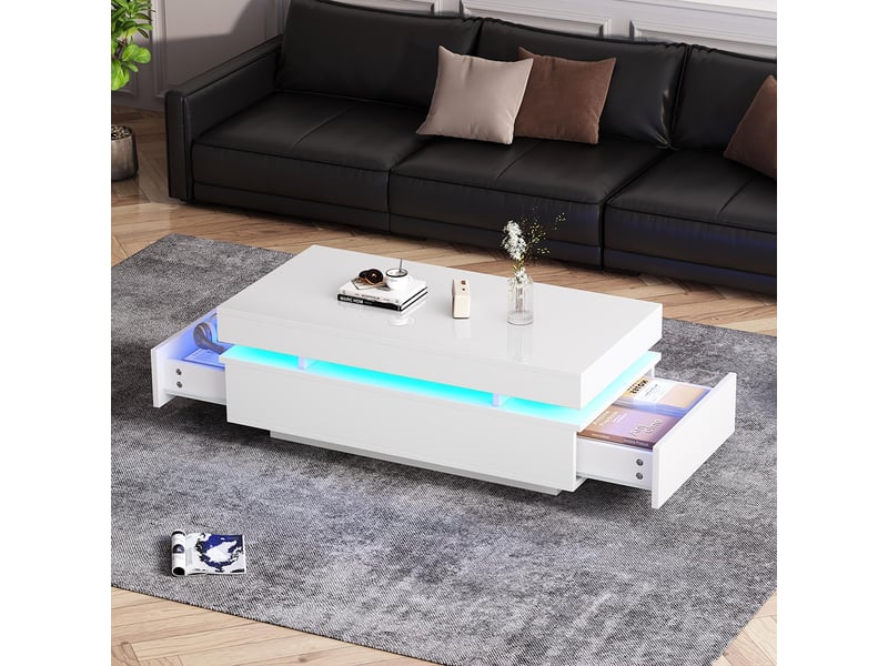 Table basse 2 tiroirs appoint led brillante thé café salon blanc  - Conforama E