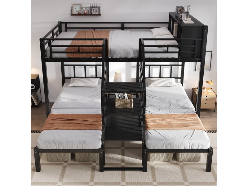  Lit superposé 90x200 cm et 140x200 cm, trois couchages avec escalier sécurisé, lit enfant, métal, noir sans matelas  - Conforama D