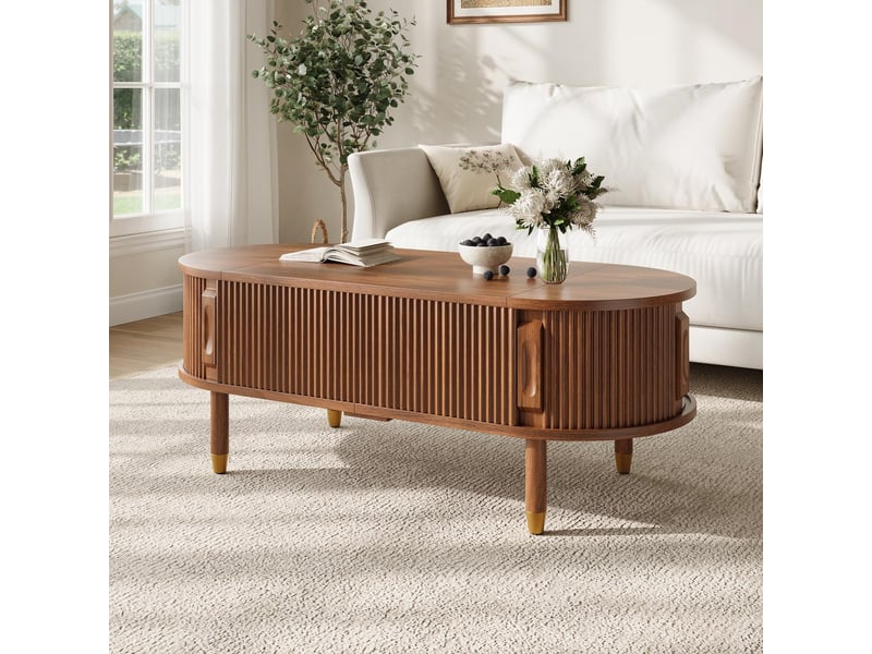 Table basse - 110x48x41 cm - table de salon ovale relevable avec portes coulissantes et rangement - noyer  - Conforama B