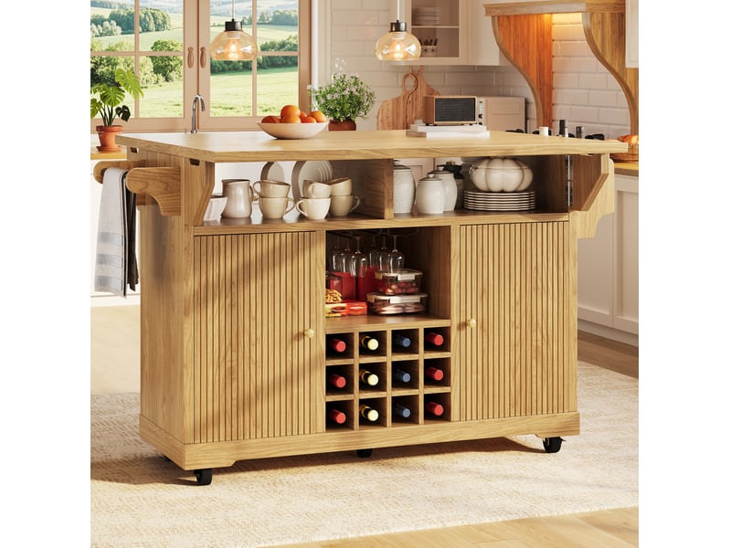  Desserte de cuisine mobile avec plateaux rabattables, étagères réglables et range-bouteilles amovible en mdf naturel  - Conforama C