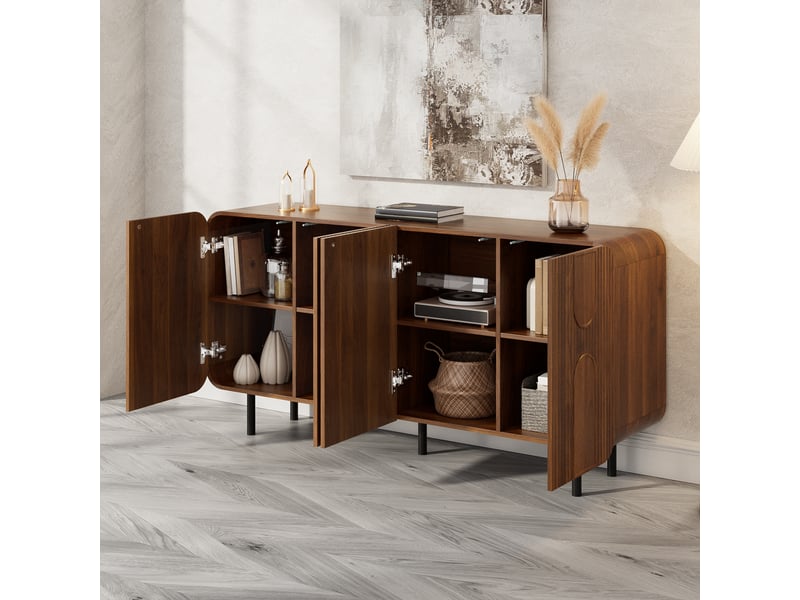  Buffet noyer 160 cm enfilade style mid-century 4 portes avec reliefs géométriques et pieds en métal  - Conforama R