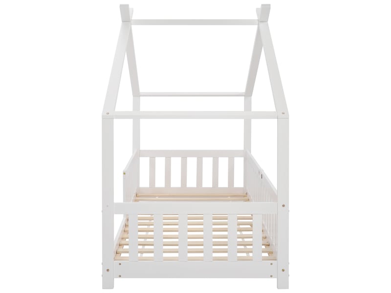  Lit cabane enfant en bois massif blanc, 90 × 200 cm, avec barrière de sécurité et sommier à lattes  - Conforama D