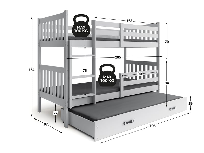 Lit superposé 3 places kacper 90x200 cm + lit tiroir 80x190 cm interbeds - bois massif de pin - blanc - Conforama C
