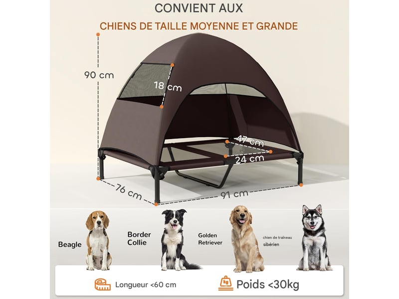  Transat surélevé d'extérieur avec auvent amovible, café, 91 x 76 x 90 cm  - Conforama C