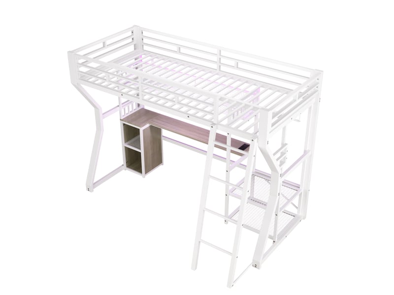  Lit mezzanine blanc 90 × 200 cm en métal, bureau, prise, penderie et rangements  - Conforama E
