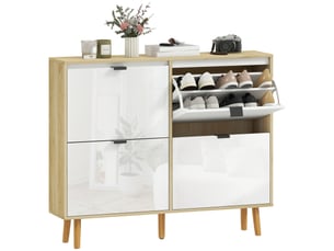Meuble à chaussures, armoire à chaussures étroite, 4 tiroirs rabattables, porte haute brillante, 105x24x92,5cm, blanc