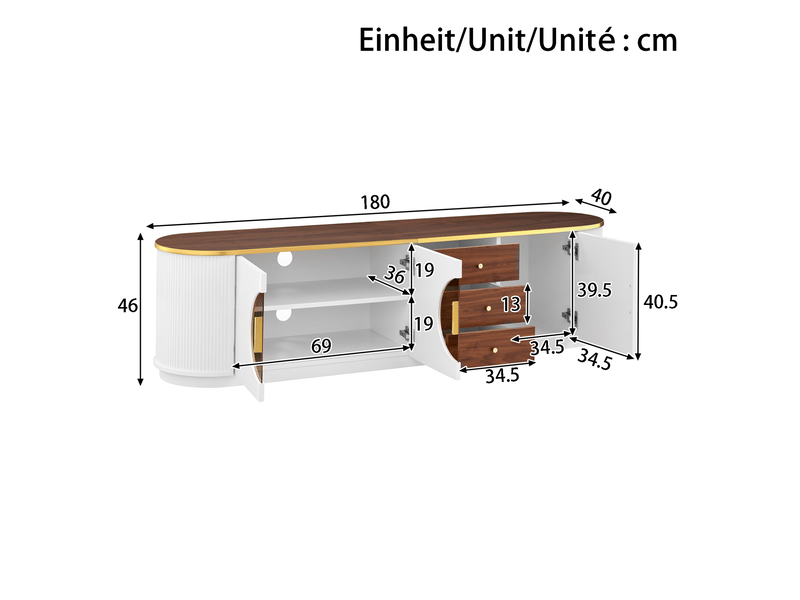  Meuble tv tcqpz 180 x 40 x 46 cm blanc en mdf avec rangement et gestion des câbles  - Conforama C