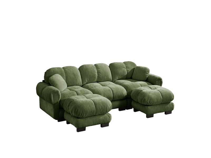 Canapé modulable 3 places 260 cm canapé droit en tissu chenille avec 2 pouf mobile, design matelassé, coussins épais, dossier ergonomique, vert Seren Glow - Conforama A