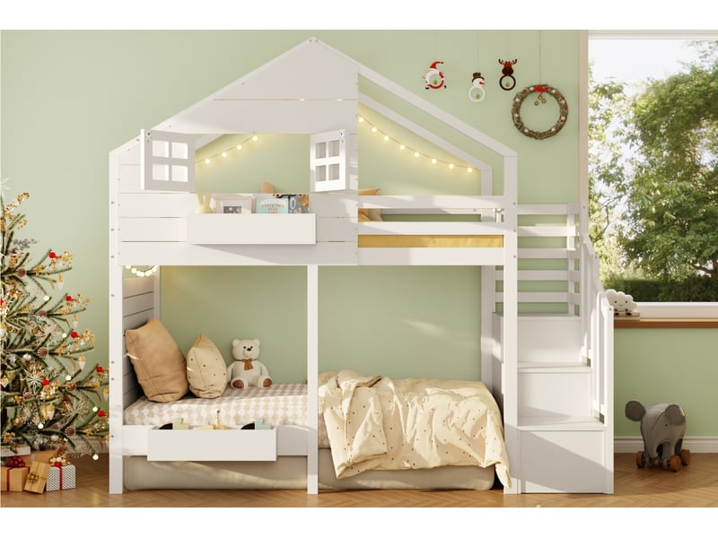  Lit superposé enfant blanc en bois massif 90x200 cm, avec fenêtre, barrière et escalier rangement  - Conforama B