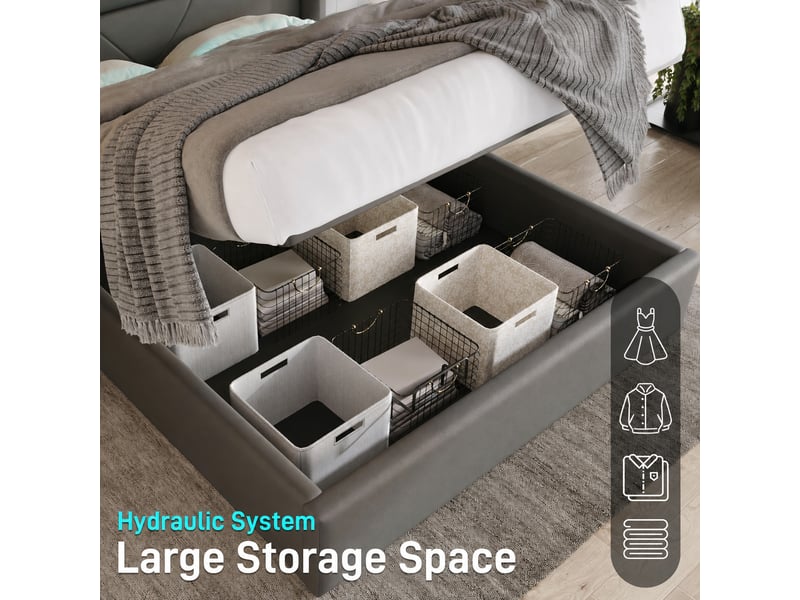  Lit coffre hydraulique 160 x 200 cm avec tête de lit led et télécommande, pu gris  - Conforama E