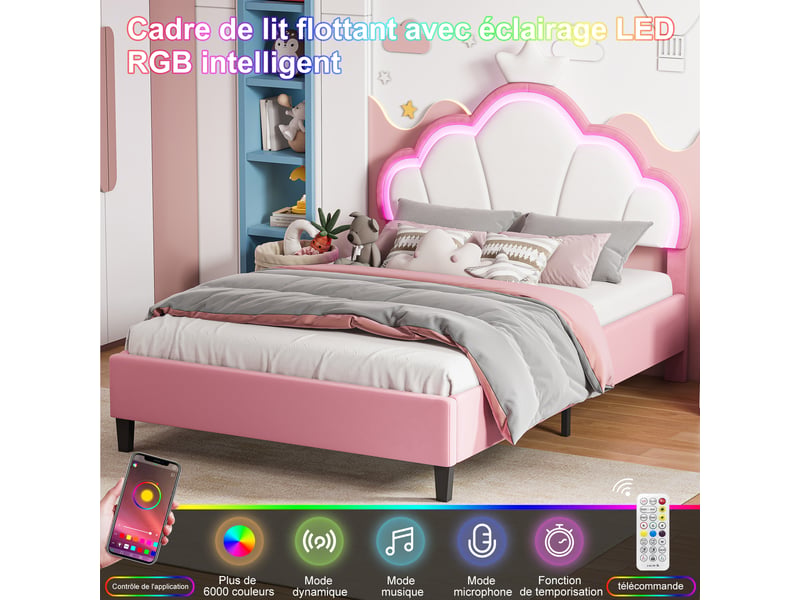  Lit double 140x190 cm avec éclairage led et tête de lit réglable en hauteur, lit capitonné en velours rose, structure de lit avec sommier à lattes  - Conforama E