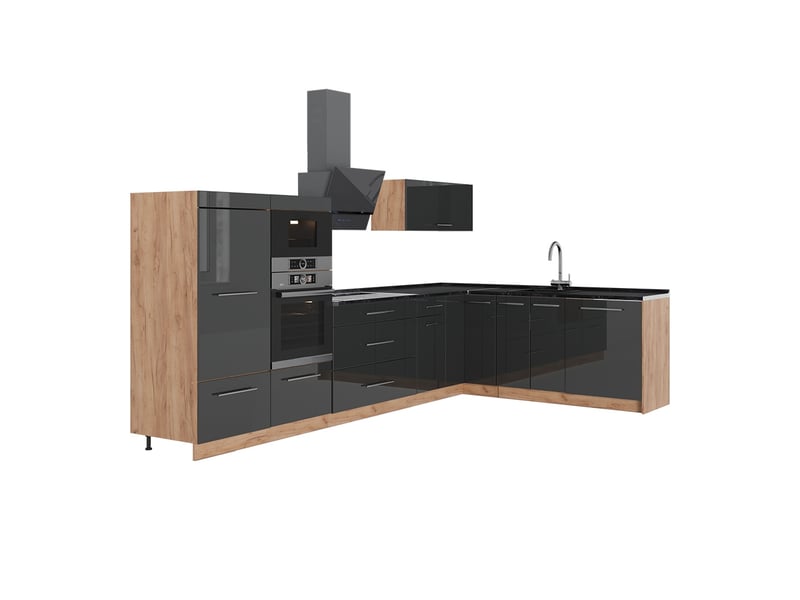  Vicco cuisine en angle, gris foncéchêne de force doré, 347x60cm, pt anthracite  - Conforama A