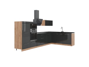 Vicco cuisine en angle, gris foncéchêne de force doré, 347 x 207 cm, pt anthracite