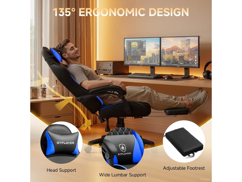  Gtplayer chaise de jeu avec double dossier, repose-pieds, housse amovible, 150kg, réglable - bleu GTP100-BLUE - Conforama E