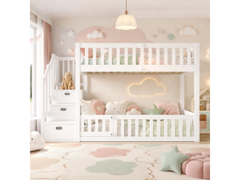  Lit superposé, 90x200 cm, mobilier enfant, avec escalier de rangement, matelas non inclus, bois et mdf, coloris blanc  - Conforama B