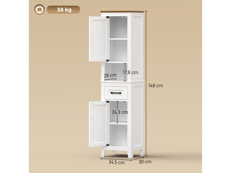  Meuble de salle de bain haut et étroit de style campagnard avec tiroir, compartiment ouvert, portes et étagères réglables, 34,5 x 30 x 148 cm, blanc  - Conforama E
