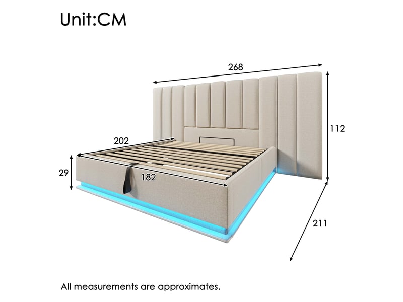  Lit coffre 180x200 cm avec sommier, led et charge usb-c, tissu beige, sans matelas  - Conforama C