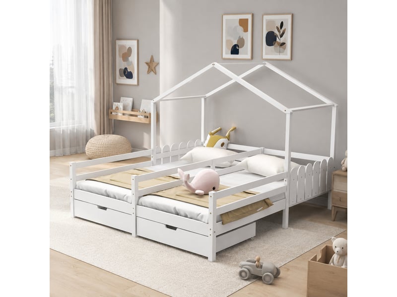  Lit cabane enfant à deux couchages 200×90 cm avec 2 tiroirs sur roulettes et barrières, sans matelas, blanc  - Conforama B