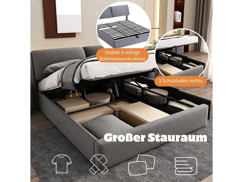  Lit coffre hydraulique 180 x 200 cm, lit double avec tête de lit rembourré et 3 tiroirs, velours gris  - Conforama D