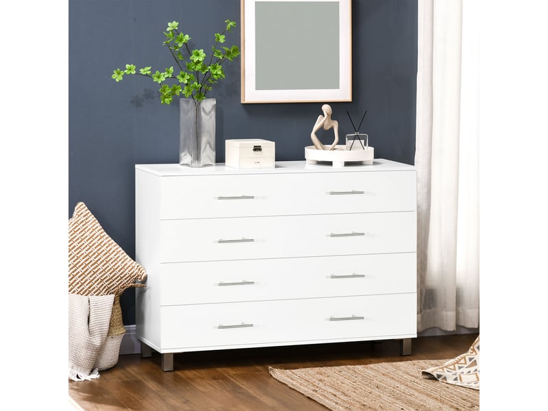  Commode à 4 tiroirs avec pieds, design moderne, idéale pour le salon et l'entrée, 112 x 38,2 x 81 cm, blanche  - Conforama C