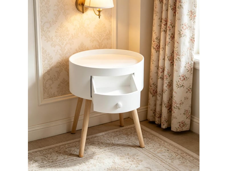  Table de chevet ronde avec tiroir, blanc et bois clair, 38 x 38 x 45 cm  - Conforama B