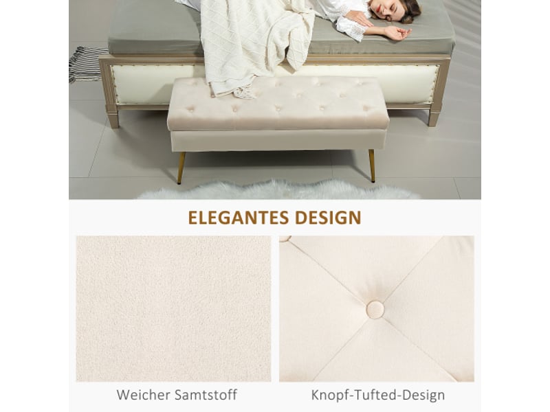  Banc coffre beige effet velours, couvercle, cadre métallique, rangement, 102x35x43 cm  - Conforama D