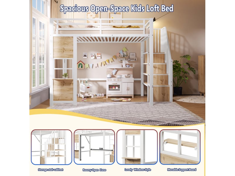 Lit mezzanine enfant 90 × 200 cm 1 place avec escalier de rangement, étagère et garde-corps, sans matelas, blanc - Conforama E