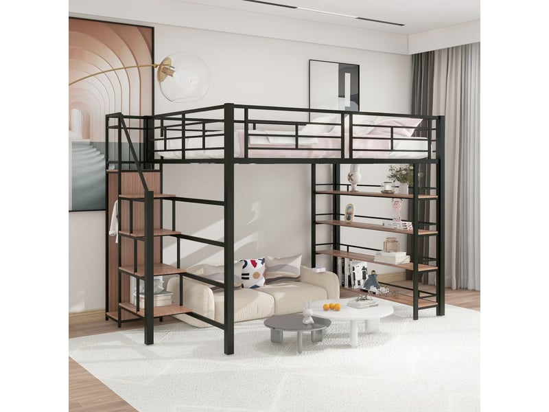  Lit mezzanine 140 x 200 cm avec armoire, escalier de rangement, étagères et barrière haute, structure en métal robuste, noir  - Conforama A