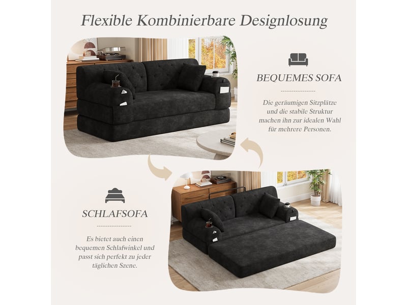  Canapé droit convertible 2 places en velours côtelé noir 168x80x81 cm, dossier haut, 2 porte-gobelets et 4 poches, salon petit espace 168x80x81cm - Conforama W