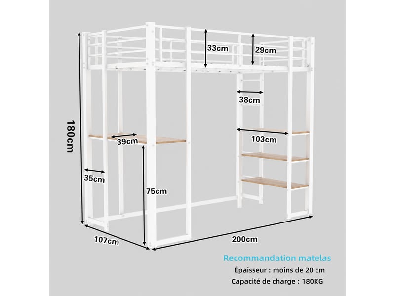 Lit mezzanine en fer blanc, lit simple avec bureau, échelles latérales et barrière, 90x190 cm, matelas non précisé - Conforama D
