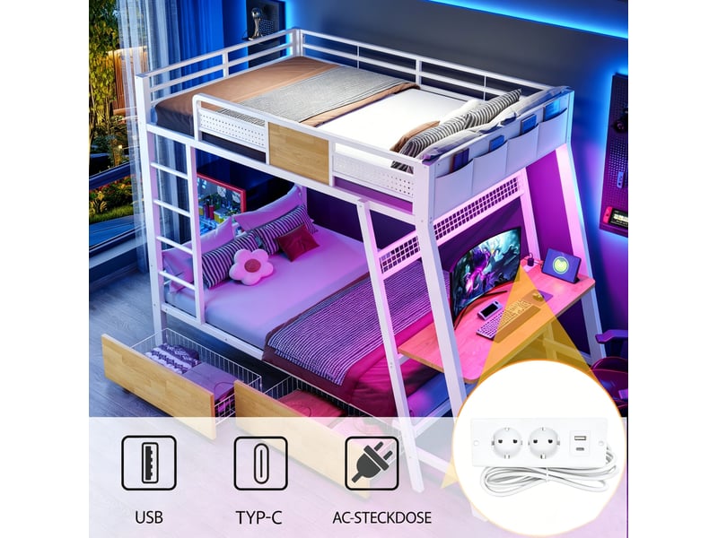  Lit superposé, 90 x 200 cm, mobilier enfant, avec bureau intégré, led, matelas non inclus, mdf et métal, coloris blanc  - Conforama E