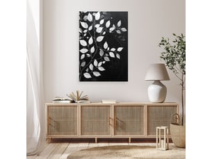 Tableau moderne, feuilles blanches sur fond noir 20x30