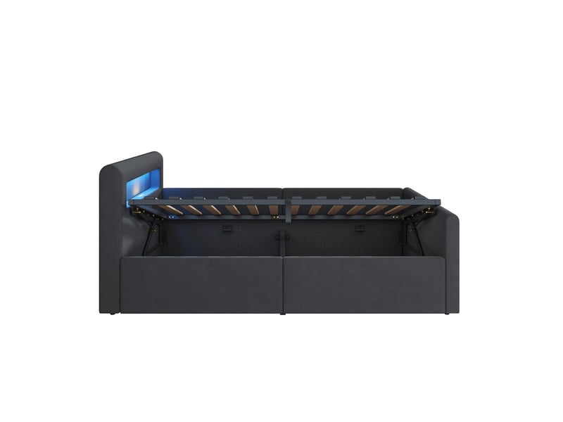  Lit coffre enfant 90x200 cm, led, port usb, espace de rangement, sommier, velours gris foncé, sans matelas  - Conforama R