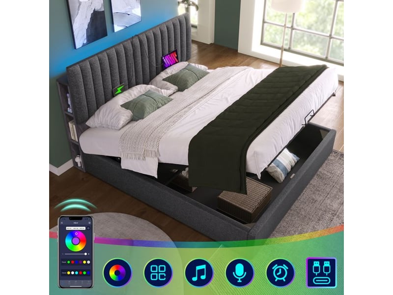  Lit double rembourré - 160x200 cm - gris - led contrôlées par application - rangement intégré  - Conforama E