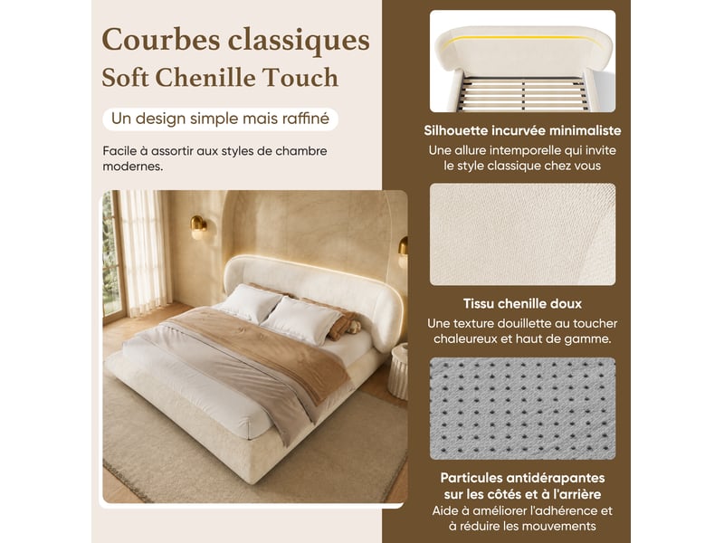  Lit rembourré 140 × 190 cm 2 places avec tête de lit, sans matelas, en chenille beige, bords arrondis  - Conforama E