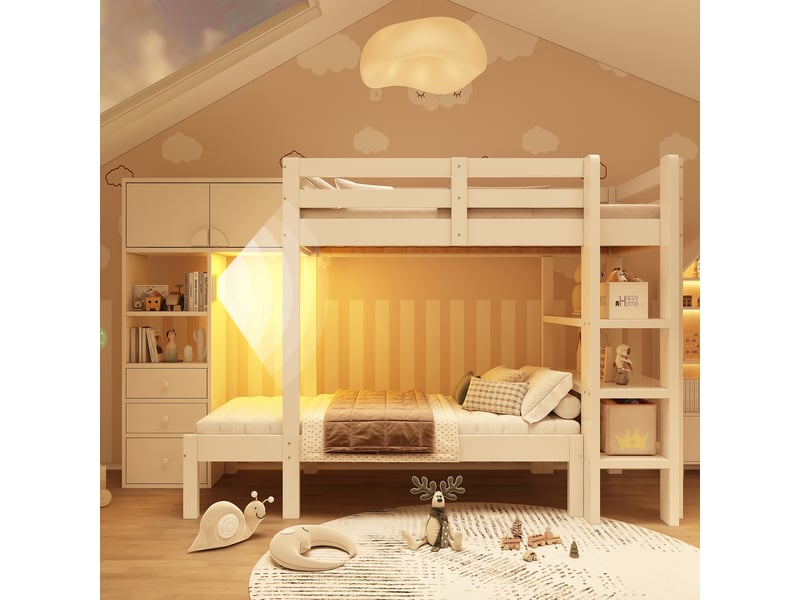  Lit superposé 90x200 avec rangement décalé - veilleuse led armoire tiroirs bois blanc  - Conforama R