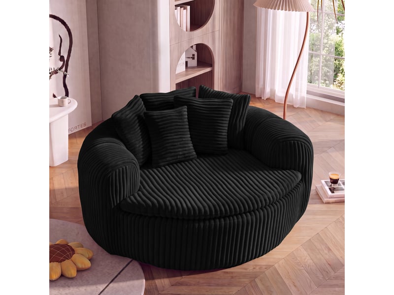 Grand fauteuil circulaire 145x133x59 cm, assise profonde, 5 coussins, revêtement en revêtement en velours côtelé, noir, accoudoirs enveloppants - Conforama B