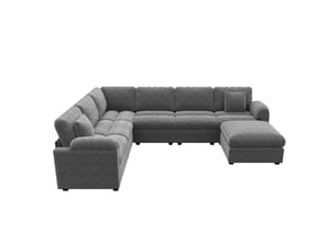 Canapé panoramique modulable 7 places 274,5x210,5x85,5 cm, forme ul, pouf séparé, velours côtelé, coussins pour salon - gris