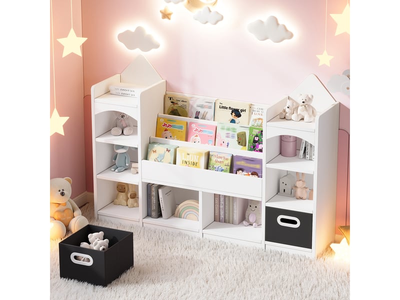  Bibliothèque enfant 130x30x90 cm, rangement, 2 boîtes pliables, salon, bureau et chambre, style château, mdf, blanc  - Conforama D