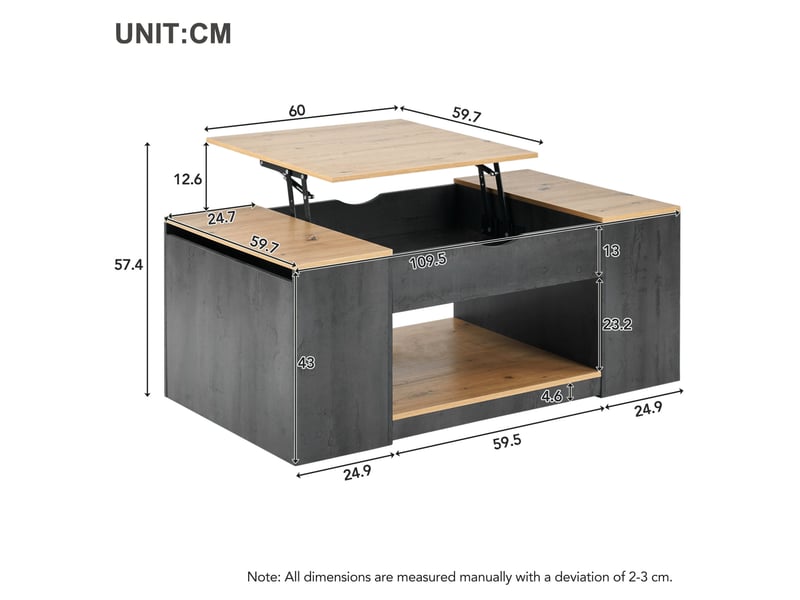 Table basse relevable avec 3 compartiments et 1 espace ouvert pour salon en mdf gris et brun 109,5 × 59,7 × 43 cm - Conforama E