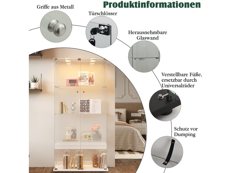  Vitrine en verre 4 niveaux double porte - blanc - 78,5 x 36,5 x 163 cm - grande armoire d'exposition avec éclairage led et base blanche  - Conforama D