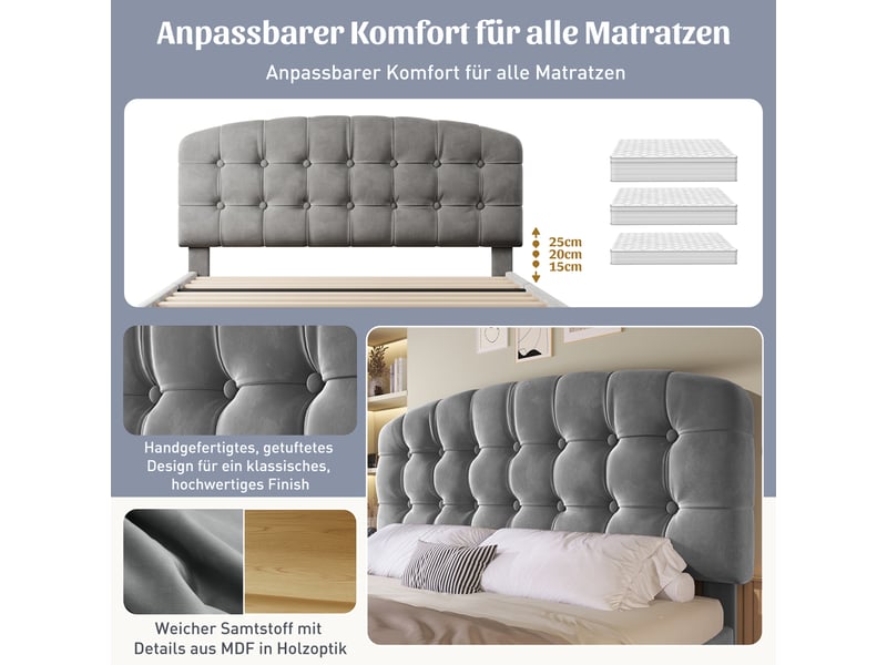  Lit rembourré 140x190 cm avec tête de lit réglable, rangement et tiroirs, lit coffre en velours avec sommier, design arrondi - gris  - Conforama E
