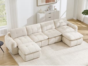 Canapé d'angle modulable 4 places en tissu chenille, forme u avec 2 poufs, beige