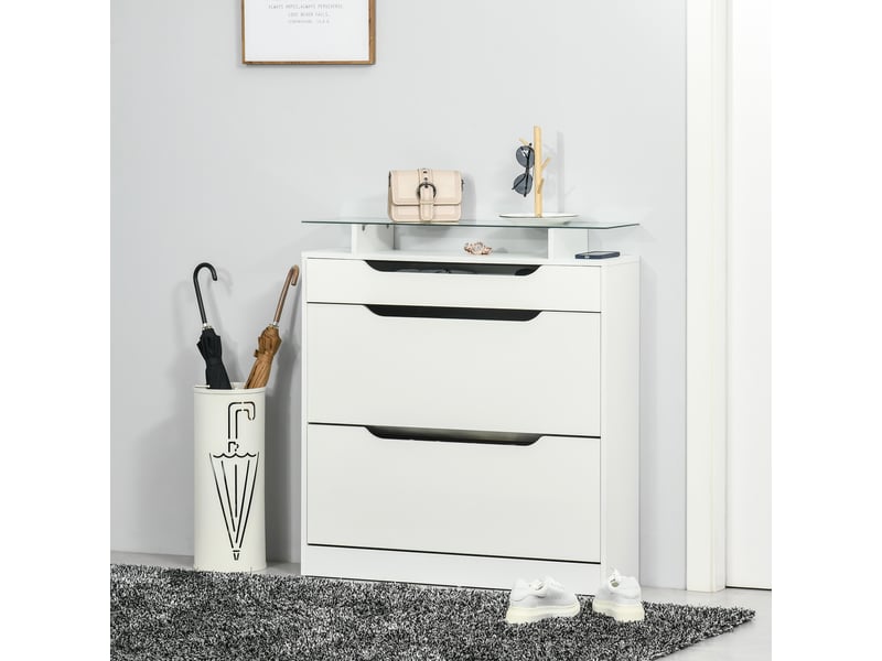  Étagère à chaussures moderne et fine avec 2 portes à abattant et un tiroir, en bois et verre, 89 x 23 x 96 cm, blanche  - Conforama C