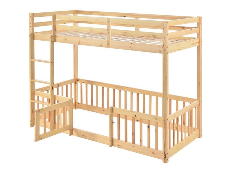  Lit superposé 90x200cm sécurisé en747 - avec porte - escalier droit 3 marches &amp; barrières 360°, pin massif fsc, naturel 204x100.5x150cm - Conforama D