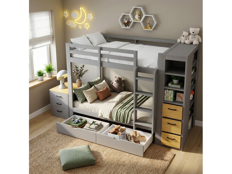  Lit superposé enfant 90 x 200 cm gris clair et naturel avec rangements  - Conforama D