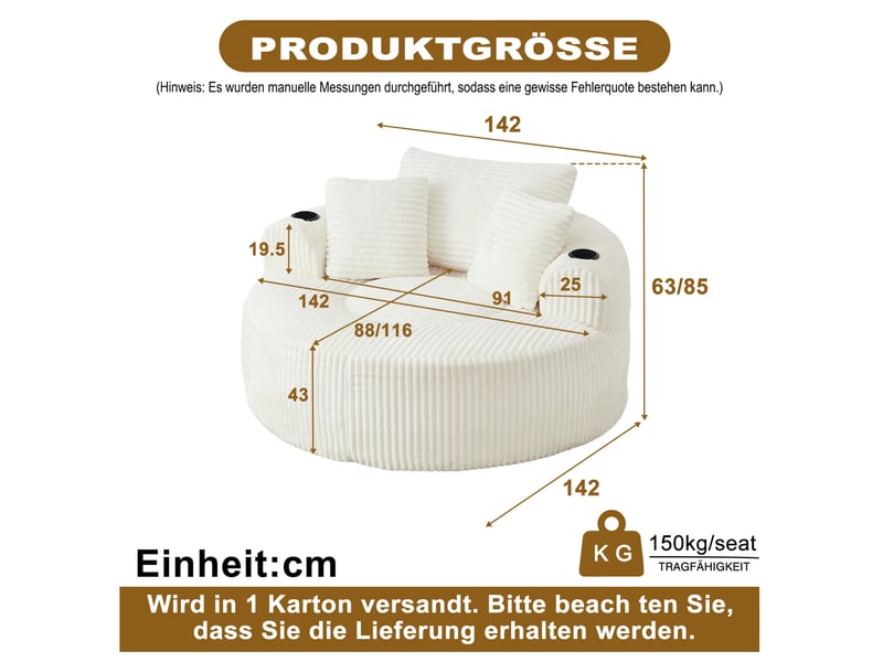 Fauteuil lounge rond 1 place en velours côtelé beige avec 2 porte-gobelets - Conforama C